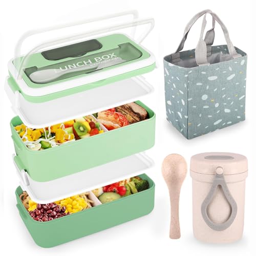 VEIOK Bento Lunch Box Adult 1600ml Lunchbox Stackable with Compartments and Bag (Green)