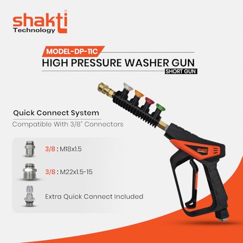 Image of Shakti Technology DP-11C High Pressure Washer Short Gun - 350 Bar Max Pressure, 360 Swivel Inlet, 4 Interchangeable Nozzles, Quick Connect System for Car, Bike & Home Cleaning