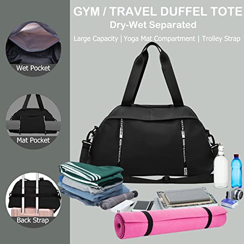 Basicpower Travel Duffel Gym Yoga Workout Tote Bag, Waterproof Overnight Weekender Bag, Dry-Wet Separated, With Yoga Mat Storage Tape,Black #TOP1