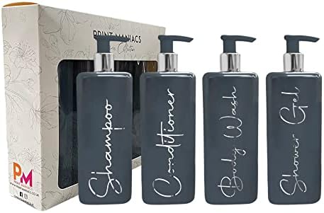 Print Maniacs Mrs Hinch Inspired Signature Grey 500ml Square Reusable Dispenser Bottle Silver Pump Personalised Bathroom Storage Toiletries Set F2 (White, Shampoo and Conditioner)