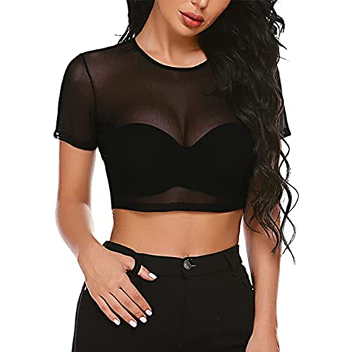 HOTSO Transparentes Oberteil Damen Bauchfrei Crop Top Rundhals Tüll Mesh T-Shirt Bluse Durchsichtig Kurze Tops Body Schwarz Partyoberteil Kurzarm Sommer Elegant Casual (M-Kurzarm, Schwarz) Cover