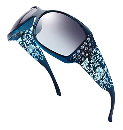 The Fresh Trendy Classic Women Hot Fashion Rhinestones Sunglasses with Gift Box (L704-Crystal Green-Blue/Floral Eyewear, Grey Gradient)