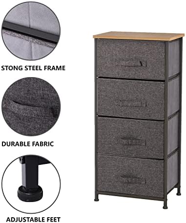 Meerveil Chest of Drawers Bedroom, Fabric Storage Drawers Tower, 4 Drawers Storage with Wood Top, Hallway Storage Unit, Bedroom, Living Room, Nursery, Grey