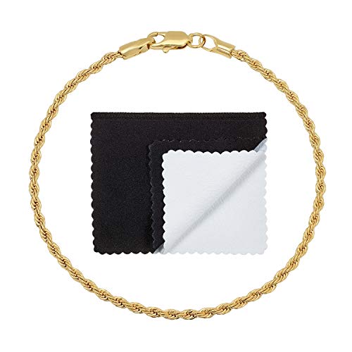The Bling Factory 2.4mm 14k Yellow Gold Plated Twisted Rope Chain Bracelet, 8 inches