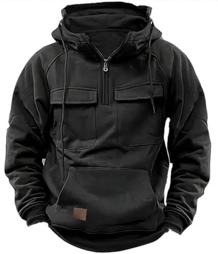 PADOLA Pullover Herren 1/4 Zip Hoodie Cargo Arbeitspullover mit Multi-Taschen Vintage Kapuzenpullover Retro Fleecepullover Langarm Sweatshirt mit Fleece Übergangsjacke Winter (3XL, 0 Schwarz)