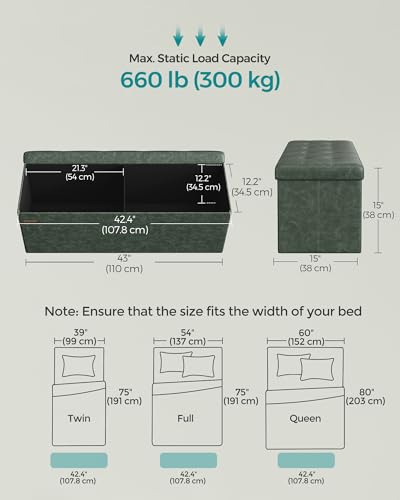 Image of SONGMICS Mazie Collection - 43 Inches Folding Storage Ottoman Bench, Ottoman with Storage, Foot Rest Stool, Load 660 lb, for Living Room, Synthetic Leather, Forest Green ULSF070C01