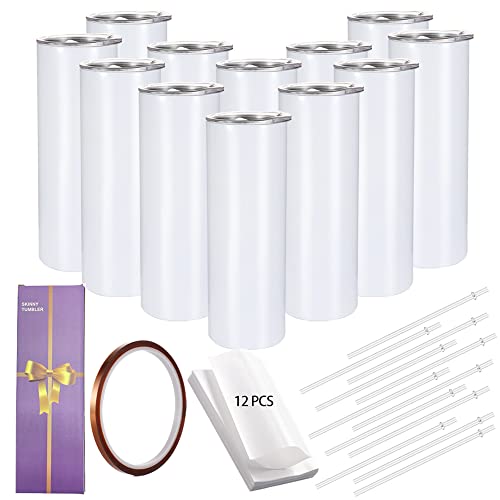 Youke Ola 12 Pack Straight Skinny Sublimation Tumblers 20Oz For Heat Transfer, Bulk Sublimation Blanks Individually Boxed, Double Wall Insulated Tumbler With Shrink Films & Heat Tape, White (12) #TOP29