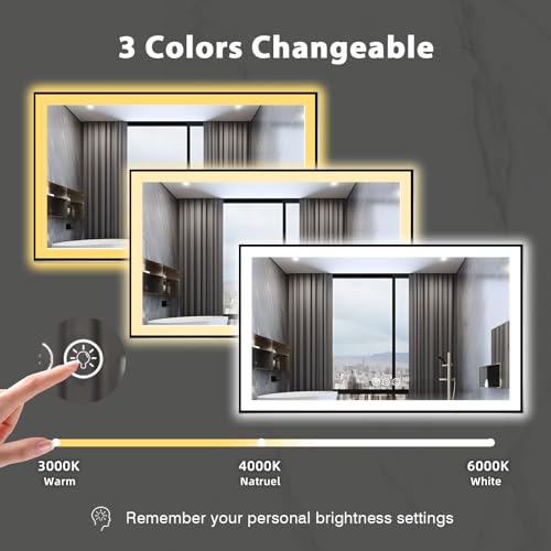 60x36 Lighted Mirrors for Bathroom Wall, Modern Rectangle Matte Black Mirror, Tempered Glass,Double Lights, 3 Colors Dimmable Temperature, IP54 Enhanced Anti-Fog, Memory (Horizontal/Vertical)