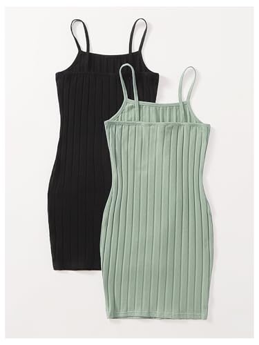 SOLY HUX Girl's 2 Piece Cami Dress Square Neck Spaghetti Strap Ribbed Knit Mini Dresses2