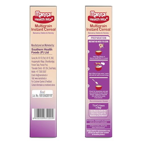 Manna Health Mix Instant Multigrain Cereal, Banana, Dates, Honey with Milk, Made with Real Fruits and 8 Supergrains and Millets, No Added Sugar, No Artificial Color, Flavors - 200g (Pack of 1)