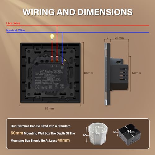BSEED Dimmer Smart Lichtschalter Glas WIFI Wandlichtschalter (Neutrale Leitung Erforderlich) kompatibel mit Alexa/Google Home 1 Fach 1 Weg Grau
