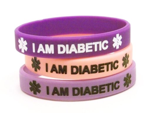 Silicone Diabetes Medical Alert Bracelets, Lot of 3, Light and Dark Purple and Pastel Pink