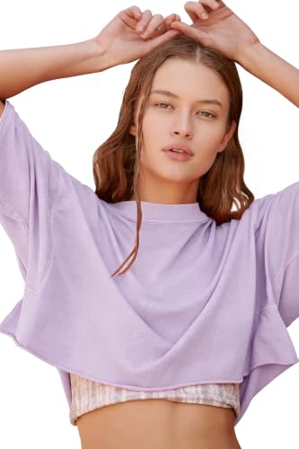 Image of HUGOOME Womens Oversized Workout Crop Top Casual Short Sleeve Boxy Roll Hem