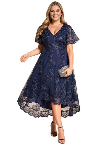 Ever-Pretty Plus Women's V Neck Short Sleeves High Low Embroidery A Line Plus Size Midi Formal Wedding Guest Dresses 02255-DA