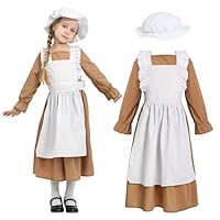 Wizland Victorian Maid Costume for Girls,Victorian Village Medieval Outfit with Dress&Hat,Kids Prairie Vintage Fancy Dress for age 6-8(Brown