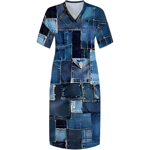 Image of SUZONANA Plus Size Denim Print Shirt Maxi Dresses for Curvy Women Casual Blue Jean Summer Outfits Long Short Sleeve Dress with Pockets Patchwork 4XL