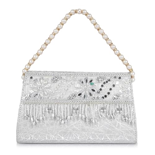 Image of Nevis Women's Embellished Clutch with Pearl Handle | Fancy Designe & Wedding Potli Bag for Festive & Evening