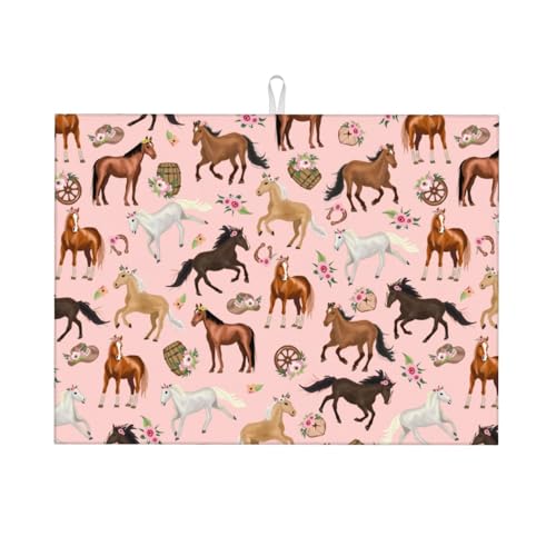 Horse Dish Drying Mat for Kitchen Counter Cute Kitchen Mat Microfiber Kitchen Countertop Absorbent Reversible Drainer Rack Pad Dish Drying Mat 18 x 24 Inch