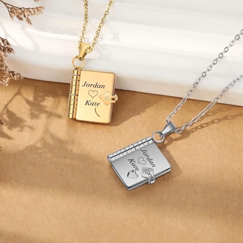 Image of Personalized Story Book Pendant Necklace, Stainless Steel Customizable Locket with Chain, Heart Charm Design, 18.5mm BookPendant, 45cm Chain Length, Gift for Women and Girls