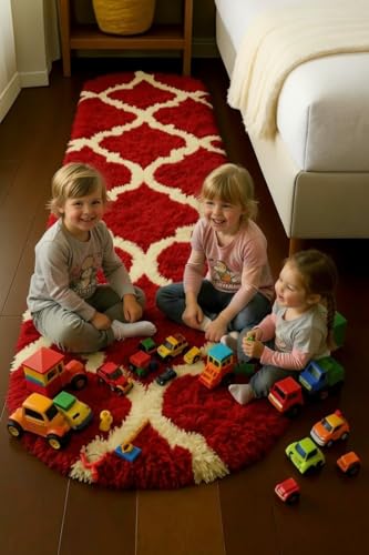 Image of Fluffy Silky Micro Fiber Polyster Carpet /Runner for Bedroom, Study Room, Playing Room, Guest Room ETC. 5x7 feet Feet, (Red and Ivory M II)