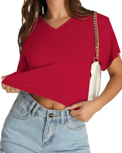 Image of Womens Crop Tops Short Sleeve V Neck Summer Cropped T Shirts Baisc Tees