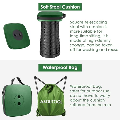 Image of aboutool Folding Camping Stool, Square Collapsible Portable Stool with Elastic Seat Cushion& Adjustable Nylon Bag, Sturdy Lightweight Telescoping Foldable,Max Load 485lb (Green)