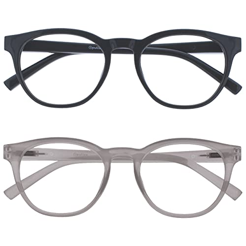 Image of OPULIZE BLU Blue Light Blocking Reading Glasses for Women Men, Cool Round Frame with Anti-Glare Computer and Gaming Eyewear, UV and Eyestrain Protection, Grey Ice +0.00 (Pack of 2)