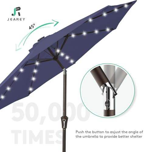 Image of JEAREY 9FT Outdoor Patio Umbrella with Solar Lights, LED Lighted Pool Umbrella with Tilt and Crank, Outdoor Table Umbrellas for Deck, Yard & Market (Dark Blue)