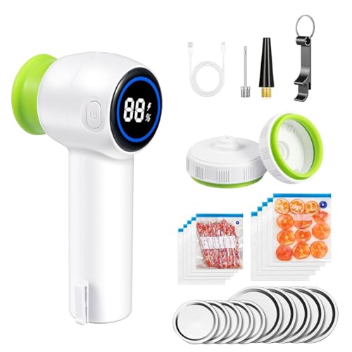 Qussedser Sellador Al Vacío Jar, Máquina Selladora Al Vacío de Alimentos Portátil con Pantalla Digital, Bolsas Selladas y 10 Cubiertas para Tarros Jar