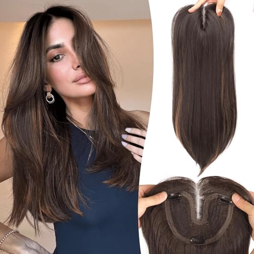 Eawwii Dark Brown with Caramel Highlights Synthetic Hair Toppers for