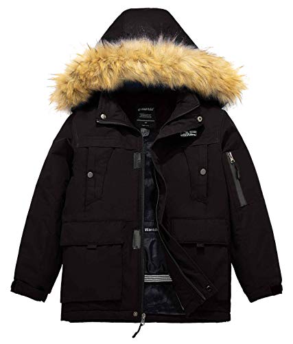 Wantdo Chaqueta de Esquí Montaña Impermeable Chaqueta Cálida Aislada con Vellón Parka con Capucha de Nieve Invierno Abrigo para Exteriores Snowboard para Niño Negro 152-158