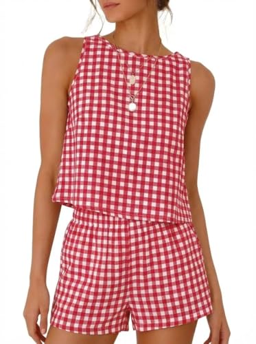 IDEALSANXUN Gingham Sets for Women 2 Piece Outfits 2026 Pajama Sets Fashion Spring Summer Beach Vacation Outfits Cotton Linen Tank Tops and Plaid Shorts Wine M