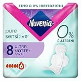 Nuvenia - Assorbente Pure Sensitive Ultra Notte con Ali - Superficie Delicata per Pelli Sensibili - Confezione da 8 Assorbenti