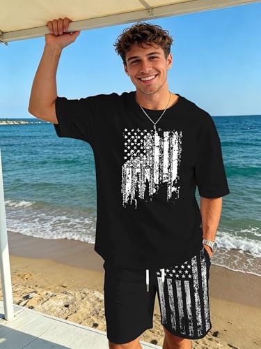 Image of Ithalt Patriotic Shirts for Men 4th of July Outfit 2 Piece Set Short Sleeve and Shorts American Flag 250th Anniversary