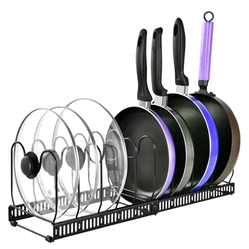 Organizador de ollas ajustable con 10 compartimentos y separadores regulables, ideal para organizar sartenes y utensilios en la cocina o cajones de armario (negro)