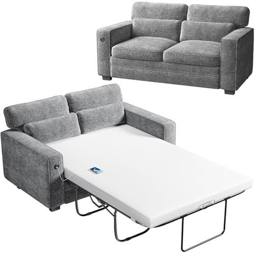 Marsail Pull Out Sofa Bed, Full Size Sleeper Sofa with Memory Foam Mattress, 2 USB Charging and Removable Covers, Loveseat for Living Room, Apartment, Supports 600 LBS, Chenille Fabric, Grey