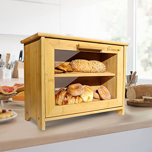 Purenjoy Bamboo Bread Box For Kitchen Counter,Bamboo Bread Bin,Two-Layer Bread Box With Clear Windows,Fully Adjustable Shelf,Bread Box Large(Self-Assembly) #TOP5