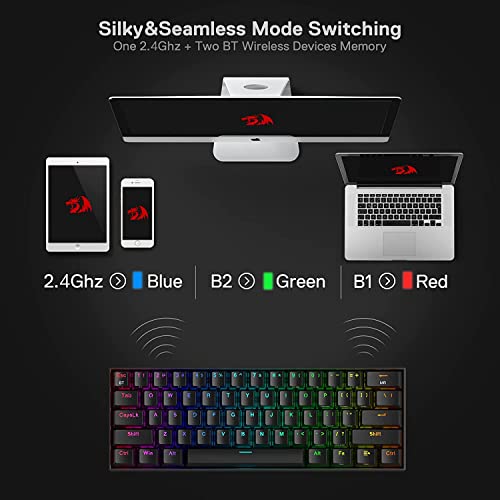 Redragon K530 Pro Draconic 60% Wireless RGB Mechanical Keyboard, Bluetooth/2.4Ghz/Wired 3-Mode 61 Keys Compact Gaming Keyboard w/Hot-Swap Socket, Free-Mod Plate Mounted PCB & Linear Red Switch