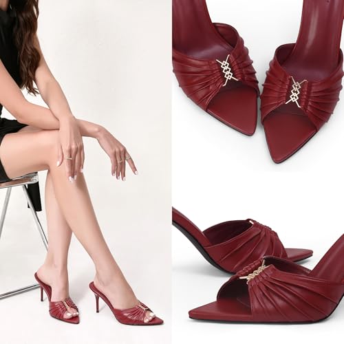 Image of iiimmu 3.5 IN Stiletto Mules High Heels with Pointed Peep Toe Heeled Sandals Faux Leather