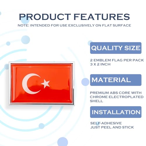 Image of Turkey Flag Sticker Emblem Decal Turkish Car Chrome Flags, 2 Pack, 3 x 2 inches