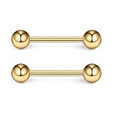 Ruifan 316L Stainless Steel Tongue Nipple Shield Barbell Ring Bar Body Piercing Retainer 14G 12mm 2PCS (Gold)