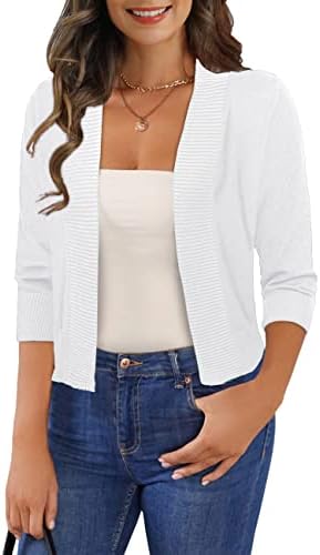 GoMamee Women's Classic 3/4 Sleeve Open Front Kint Cropped Cardigans Bolero Shrug for Dresses, White M
