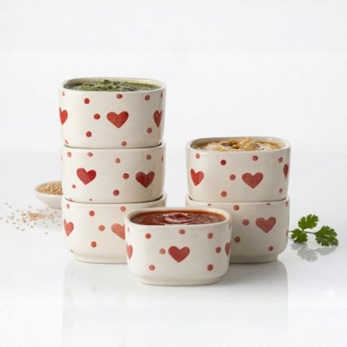 Image of Freakway Ceramic Dip Bowls with Heart shapeDesign, White and Red, Set of 6, Microwave Safe, 40 ml