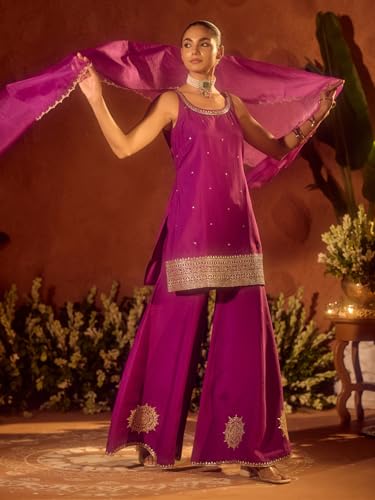 Image of FIORRA Women's Purple Viscose Chanderi Gotta Patti Work Ethnic Straight Kurta Set with Dupatta