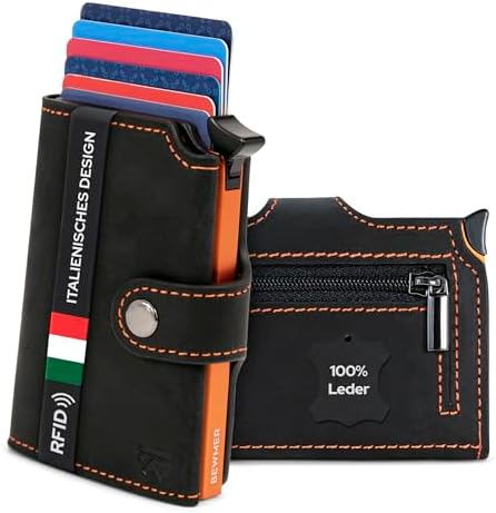 BEWMER Premium Credit Card Holder | Slim Wallet for Men and Women with RFID Protection Anti-cloning | Card and Money Holder with Coin Purse (Black Orange), Black Orange image 2