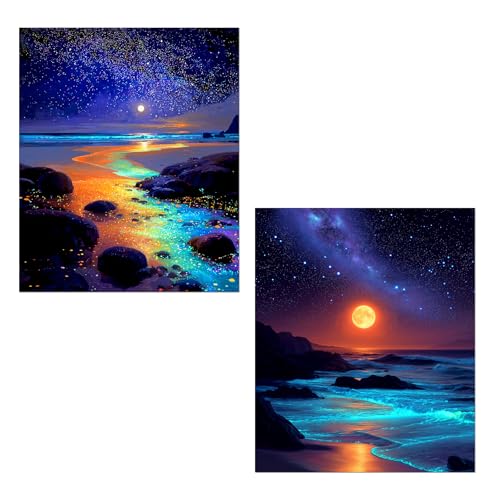 sdfkmlcdl Starry Night Coastal Beach Diamond Art Kits for Adults, Fantasy Moonlight Coastal Ocean Full Drill Diamond Painting Kits for Adults Beginners 2 Pack, 9.8x11.8 Inch