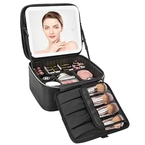 Relavel Travel Makeup Bag With LED Mirror, Cosmetic Train Case with Light up Mirror, Portable Makeup Artist Organizer Bag with Adjustable Dividers, Makeup Brush Holder Storage, Black
