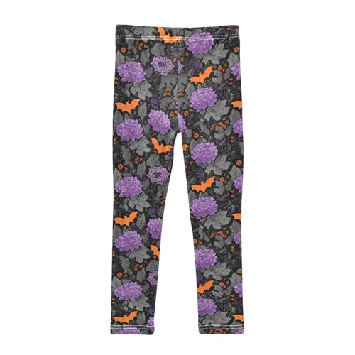 senya Girls Printed Leggings Yoga Pants Orange Bat Purple Flower Pattern for Kids in 4t to 10 Years, 4T2
