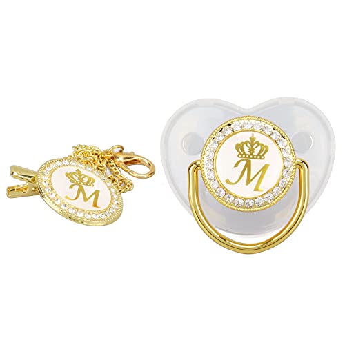 Pacifier Clips Baby Girl, 26 Letter Rhinestone Baby Pacifier with Name Initial Letter, Curved Bling Pacifier for Girl, Newborn Baby Girl Pacifiers Clips, Baby Shower Birthday Gifts (M)