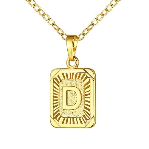 U7 Square Initial Necklace for Women, Gold/Platinum Plated A-Z 26 Letters Pendant Necklace, Large Capital Monogram Retangle Tag Necklace, Resizable Ch
